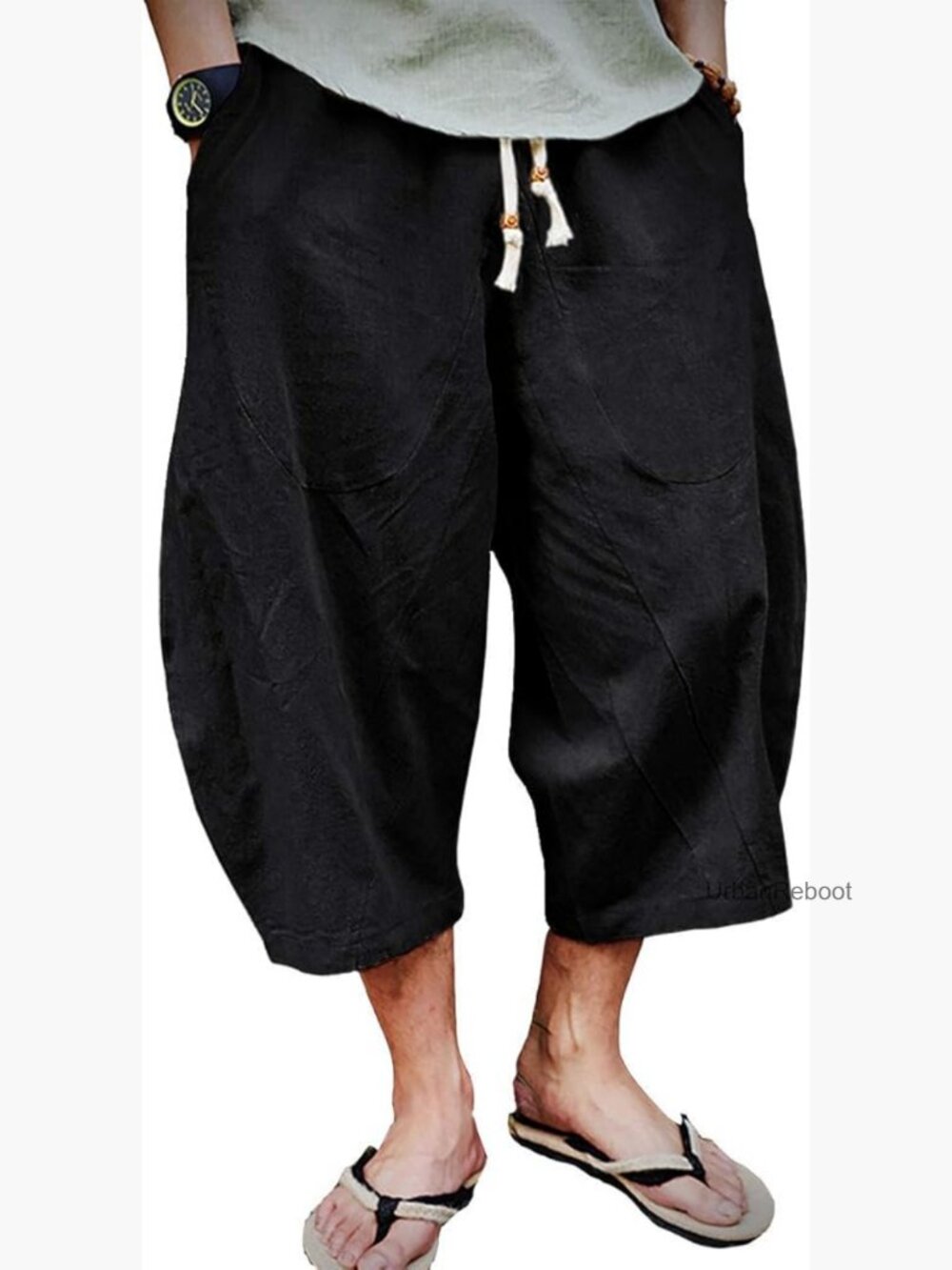 Cotton Linen Capri Pants Loose 3/4 Long Shorts Elastic Waist Drawstring Harem